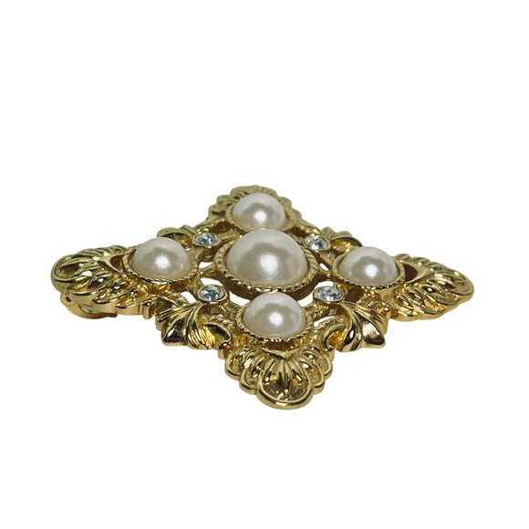 KJL for Avon Gold Tone, Faux Pearl And Clear Rhinestone Brooch/Pendant (6087) - Picture 6 of 10